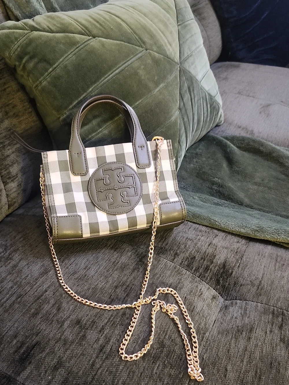 Tory Burch Ella Micro Tote in Olive Green & White Gingham